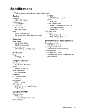 Page 69Downloaded from www.Manualslib.com manuals search engine Downloaded From projector-manual.com BenQ ManualsSpecifications69
Specifications
All specifications are subject to change without notice. 
Optical
Resolution
1280 x 800 WXGA
Display system
1-CHIP DMD
Lens F/Number
F = 2.55-3.06
f = 21 to 25.6 mm
Lamp
230W, 3500/5000 hours
(up to 6500 hours under Smart Eco mode)
Electrical
Power supply
AC100–240V, 3.20 A,
50-60 Hz (Automatic)
Power consumption
300 W (Max.); < 1 W (Standby)
Mechanical
We i g h t
2.45...