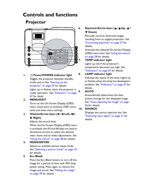 Page 10Downloaded from www.Manualslib.com manuals search engine Downloaded From projector-manual.com BenQ ManualsIntroduction 10
Controls and functions
Projector
6. Keystone/Arrow keys ( / Up,  /
Down)
Manually corrects distorted images 
resulting from an angled projection. See 
Correcting keystone on page 27 for 
details.
Activates the selected On-Screen Display 
(OSD) menu item. See Using the menus 
on page 28 for details.
7. TEMP indicator light
Lights up red if the projectors 
temperature becomes too high....