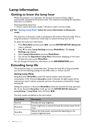 Page 66
Maintenance
66
Lamp information
Getting to know the lamp hour
When the projector is in operation, the duration (in hours) of lamp usage is 
automatically calculated by the built-in timer. The method of calculating the equivalent 
lamp hour is as follows:
Total (equivalent) lamp hour
= 1 (hours used in Economic mode) + 4/3 (hours used in normal mode)
See  Setting Lamp Mode  below for more information on Economic 
mode.
The lamp hour in Economic mode is calculated  as 3/4 of that in Normal mode. That is,...