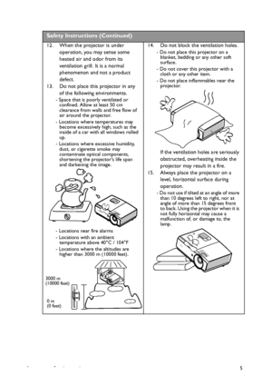 Page 5Important safety instructions 5
Safety Instructions (Continued)
12. When the projector is under 
operation, you may sense some 
heated air and odor from its 
ventilation grill. It is a normal 
phenomenon and not a product 
defect.
13. Do not place this projector in any 
of the following environments.
- Space that is poorly ventilated or 
confined. Allow at least 50 cm 
clearance from walls and free flow of 
air around the projector. 
- Locations where temperatures may 
become excessively high, such as...