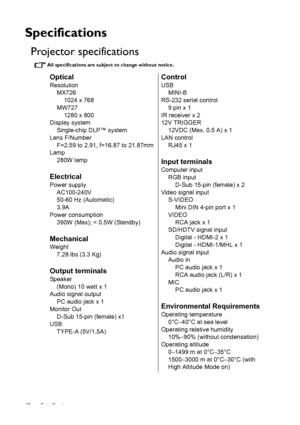 Page 68Specifications 68
Specifications
Projector specifications
All specifications are subject to change without notice. 
Optical
Resolution
MX726
1024 x 768
MW727
1280 x 800
Display system
Single-chip DLP™ system
Lens F/Number
F=2.59 to 2.91, f=16.87 to 21.87mm
Lamp
280W lamp
Electrical
Power supply
AC100-240V
50-60 Hz (Automatic)
3.9A
Power consumption
390W (Max); < 0.5W (Standby)
Mechanical
Weight
7.28 lbs (3.3 Kg)
Output terminals
Speaker
(Mono) 10 watt x 1
Audio signal output
PC audio jack x 1
Monitor...