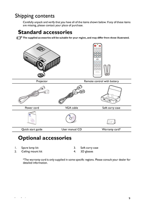 Page 9Introduction9
Shipping contents
Carefully unpack and verify that you have all of the items shown below. If any of these items 
are missing, please contact your place of purchase.
Standard accessories
The supplied accessories will be suitable for your region, and may differ from those illustrated.
Optional accessories 
*The warranty card is only supplied in some specific regions. Please consult your dealer for 
detailed information.
Projector Remote control with battery
Power cord VGA cable Soft carry...