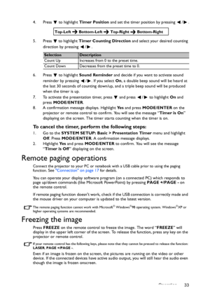 Page 33Operation 33 4. Press  to highlight Timer Position and set the timer position by pressing  /
.
5. Press   to highlight Timer Counting Direction and select your desired counting 
direction by pressing  / .
6. Press  to highlight Sound Reminder and decide if you want to activate sound 
reminder by pressing  / . If you select On, a double beep sound will be heard at 
the last 30 seconds of counting down/up, and a triple beep sound will be produced 
when the timer is up.
7. To activate the presentation...