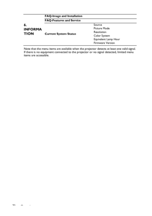 Page 70Operation 70Note that the menu items are available when the projector detects at least one valid signal. 
If there is no equipment connected to the projector or no signal detected, limited menu 
items are accessible.
6. 
INFORMA
TION
FAQ-Image and Installation
FAQ-Features and Service
Current System StatusSource
Picture Mode
Resolution
Color System
Equivalent Lamp Hour
Firmware Version
Downloaded From projector-manual.com BenQ Manuals 