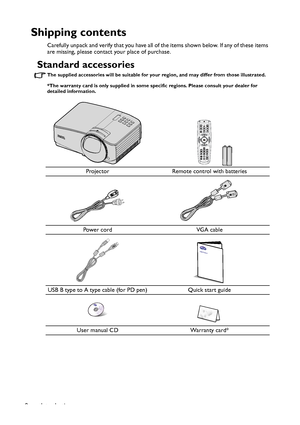 Page 8
Introduction
8
Shipping contents
Carefully unpack and verify that you have all of the items shown below. If any of these items 
are missing, please contact your place of purchase.
Standard accessories
The supplied accessories will be suitable for your  region, and may differ from those illustrated.
*The warranty card is only supplied in some speci fic regions. Please consult your dealer for 
detailed information.
Projector Remote control with batteries
Power cord VGA cable
USB B type to A type cable...