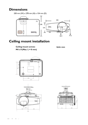 Page 90Specifications
90
Dimensions
330 mm (W) x 278 mm (H) x 154 mm (D)
Ceiling mount installation
330
278
154
62.577.5
75.0
175.0
146.0
221.0
22.0
328.0 164.0
164.0 62.589.3
116.1
163.0
Ceiling mount screws:
M4 x 8 (Max. L = 8 mm)Unit: mm
Downloaded From projector-manual.com BenQ Manuals 