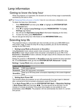 Page 47Maintenance 47
Lamp information
Getting to know the lamp hour
When the projector is in operation, the duration (in hours) of lamp usage is automatically 
calculated by the built-in timer. 
See Setting Lamp Mode as Economic or SmartEco below for more information on Economic mode.
To obtain the lamp hour information:
1. Press MENU/EXIT and then press  /  to highlight the SYSTEM SETUP: 
Advanced menu.
2. Press  to highlight Lamp Settings and press MODE/ENTER. The Lamp 
Settings page displays.
3. You will...