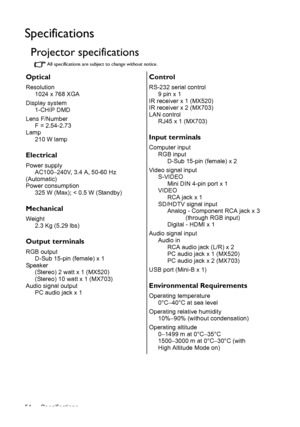 Page 54Specifications 54
Specifications
Projector specifications
All specifications are subject to change without notice.
Optical
Resolution
1024 x 768 XGA
Display system
1-CHIP DMD
Lens F/Number
F = 2.54-2.73
Lamp
210 W lamp
Electrical
Power supply
AC100–240V, 3.4 A, 50-60 Hz 
(Automatic)
Power consumption
325 W (Max); < 0.5 W (Standby)
Mechanical
Weight
2.3 Kg (5.29 lbs)
Output terminals
RGB output
D-Sub 15-pin (female) x 1
Speaker
(Stereo) 2 watt x 1 (MX520)
(Stereo) 10 watt x 1 (MX703)
Audio signal output...