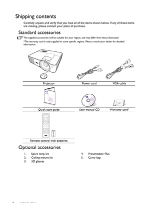 Page 8Introduction 8
Shipping contents
Carefully unpack and verify that you have all of the items shown below. If any of these items 
are missing, please contact your place of purchase.
Standard accessories
The supplied accessories will be suitable for your region, and may differ from those illustrated.
*The warranty card is only supplied in some specific regions. Please consult your dealer for detailed 
information.
Optional accessories
Projector Power cord VGA cable
Quick start guide User manual CD Warranty...