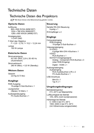 Page 61Technische Daten 61
Technische Daten
Technische Daten des Projektors
Alle Daten können ohne Bekanntmachung geändert werden.
Optische Daten
Auflösung
800 x 600 SVGA (MS619ST)
1024 x 768 XGA (MX620ST)
1280 x 800 WXGA (MW621ST)
Anzeigesystem
1-CHIP DMD
F-Wert des Objektivs
F = 2,6 ~ 2,78, f = 10,2 ~ 12,24 mm
Lampe
190 W-Lampe
Elektrische Daten
Stromversorgung
AC100–240V, 2,8 A, 50–60 Hz 
(Automatisch) 
Stromverbrauch
280 W (Max); < 0,5 W (Standby)
Weitere Daten
Gewicht
2,6 Kg (5,73 lbs)
Ausgänge...