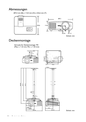 Page 62Technische Daten 62
Abmessungen
287,3 mm (B) x 114,4 mm (H) x 232,6 mm (T)
Deckenmontage
287,3
232,6
114,4
59,34
62,13
Einheit: mm
625.65
577.7
537.9
25
84.41
144.04
247.49 134 74.52
287.86
77
76.5
199.6 8
127.7
Schraube für Deckenmontage: M4
(Max. L = 25 mm; Min. L = 20 mm)
Einheit: mm
Downloaded From projector-manual.com BenQ Manuals 