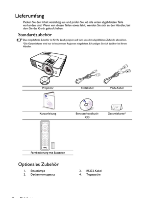 Page 8Einleitung 8
Lieferumfang
Packen Sie den Inhalt vorsichtig aus und prüfen Sie, ob alle unten abgebildeten Teile 
vorhanden sind. Wenn von diesen Teilen etwas fehlt, wenden Sie sich an den Händler, bei 
dem Sie das Gerät gekauft haben.
Standardzubehör
Das mitgelieferte Zubehör ist für Ihr Land geeignet und kann von dem abgebildeten Zubehör abweichen.
*Die Garantiekarte wird nur in bestimmten Regionen mitgeliefert. Erkundigen Sie sich darüber bei Ihrem 
Händler.
Optionales Zubehör
Projektor Netzkabel...