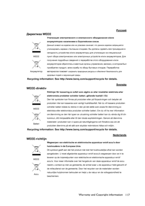 Page 117Warranty and Copyright information
117
Pyccdbc
>bj_dlb\Z WEEE 
WEEE
:ddmfmeylhjMlbebaZpby we_dljbq_kdh]h b we_dljhggh]h h[hjm^h\Zgby b/beb
Zddmfmeylhjh\ gZk_e_gb_f \ ?\jhi_ckdhf khxa_.
>Zgguc kbf\he gZ ba^_ebb beb gZ miZdh\d_ hagZqZ_l,qlh ^Zggh_ ba^_eb_ aZij_sZ_lky
mlbebabjh\Zlv gZjZ\g_ k...