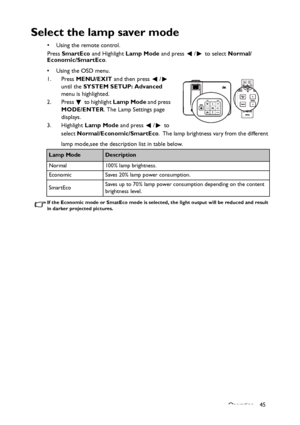 Page 45Operation 45
Select the lamp saver mode
• Using the remote control. 
Press SmartEco and Highlight Lamp Mode and press  /  to select Normal/
Economic/SmartEco.
•Using the OSD menu.
1. Press MENU/EXIT and then press  /  
until the SYSTEM SETUP: Advanced 
menu is highlighted.
2. Press  to highlight Lamp Mode and press 
MODE/ENTER. The Lamp Settings page 
displays.
3. Highlight Lamp Mode and press  /  to 
select Normal/Economic/SmartEco. The lamp brightness vary from the different 
lamp mode,see the...