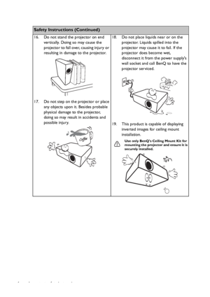 Page 6Important safety instructions 6
Safety Instructions (Continued)
16. Do not stand the projector on end 
vertically. Doing so may cause the 
projector to fall over, causing injury or 
resulting in damage to the projector.
17. Do not step on the projector or place 
any objects upon it. Besides probable 
physical damage to the projector, 
doing so may result in accidents and 
possible injury.18. Do not place liquids near or on the 
projector. Liquids spilled into the 
projector may cause it to fail. If the...