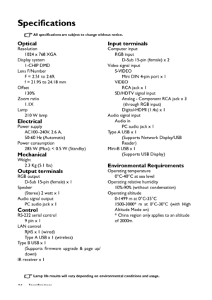 Page 94Specifications
94
Specifications
All specifications are subject to change without notice. 
Lamp life results will vary depending on environmental conditions and usage.
OpticalResolution
1024 x 768 XGA
Display system
1-CHIP DMD
Lens F/Number
F = 2.51 to 2.69, 
f = 21.95 to 24.18 mm
Offset
130%
Zoom ratio
1.1X
Lamp
210 W lamp
ElectricalPower supply
AC100–240V, 2.6 A, 
50-60 Hz (Automatic)
Power consumption
285 W (Max); < 0.5 W (Standby)
MechanicalWe i g h t
2.3 Kg (5.1 lbs)
Output terminalsRGB output
D-Sub...