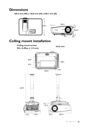 Page 95Specifications 95
Dimensions
326.5 mm (W) x 126.0 mm (H) x 230.1 mm (D)
Ceiling mount installation
326.5
230.1
126.0
77.1
74.1
Ceiling mount screws:
M4 x 8 (Max. L = 8 mm)Unit: mm
149.5
14.0
242.0 65.584.0
112.2 119.281.2
87.5
327.4 21.1 537.9
Downloaded From projector-manual.com BenQ Manuals 