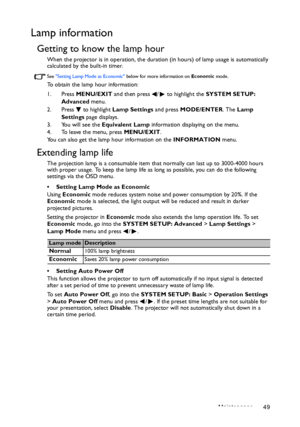 Page 49Maintenance 49
Lamp information
Getting to know the lamp hour
When the projector is in operation, the duration (in hours) of lamp usage is automatically 
calculated by the built-in timer. 
See Setting Lamp Mode as Economic below for more information on Economic mode.
To obtain the lamp hour information:
1. Press MENU/EXIT and then press  /  to highlight the SYSTEM SETUP: 
Advanced menu.
2. Press  to highlight Lamp Settings and press MODE/ENTER. The Lamp 
Settings page displays.
3. You will see the...