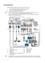 Page 16Connection 16
Connection
When connecting a signal source to the projector, be sure to:
1. Turn all equipment off before making any connections.
2. Use the correct signal cables for each source.
3. Ensure the cables are firmly inserted.
•  In the connections shown below, some cables may not be included with the projector (see Shipping 
contents on page 8). They are commercially available from electronics stores.
•  The connection illustrations below are for reference only. The rear connecting jacks...