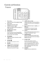 Page 10Introduction 10
Controls and functions
Projector
1. Focus ring
Adjusts the focus of the projected image.
2. Zoom ring 
Adjusts the size of the image.
3. POWER indicator light
Lights up or flashes when the projector is 
under operation.
4. Top IR remote sensor
5. MENU/EXIT
Turns on the On-Screen Display (OSD) 
menu. Goes back to previous OSD menu, 
exits and saves menu settings.
6. POWER
Toggles the projector between standby 
mode and on.
7. Left/
Decreases the projector volume. 
8. BLANK
Used to hide the...