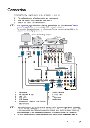 Page 17Connection 17
Connection
When connecting a signal source to the projector, be sure to:
1. Turn all equipment off before making any connections.
2. Use the correct signal cables for each source.
3. Ensure the cables are firmly inserted.
•  In the connections shown below, some cables may not be included with the projector (see Shipping 
contents on page 8). They are commercially available from electronics stores.
•  The connection illustrations below are for reference only. The rear connecting jacks...