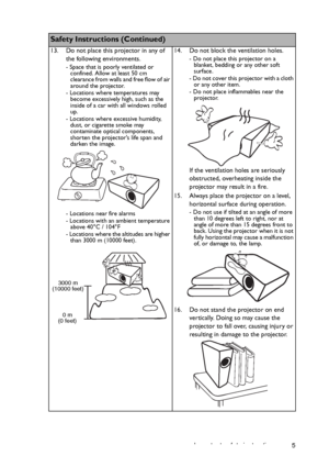 Page 5Important safety instructions 5
    
Safety Instructions (Continued)
13. Do not place this projector in any of 
the following environments.
- Space that is poorly ventilated or 
confined. Allow at least 50 cm 
clearance from walls and free flow of air 
around the projector. 
- Locations where temperatures may 
become excessively high, such as the 
inside of a car with all windows rolled 
up.
- Locations where excessive humidity, 
dust, or cigarette smoke may 
contaminate optical components, 
shorten the...