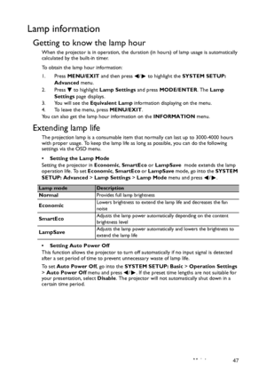 Page 47Maintenance 47
Lamp information
Getting to know the lamp hour
When the projector is in operation, the duration (in hours) of lamp usage is automatically 
calculated by the built-in timer. 
To obtain the lamp hour information:
1. Press MENU/EXIT and then press  /  to highlight the SYSTEM SETUP: 
Advanced menu.
2. Press  to highlight Lamp Settings and press MODE/ENTER. The Lamp 
Settings page displays.
3. You will see the Equivalent Lamp information displaying on the menu.
4. To leave the menu, press...