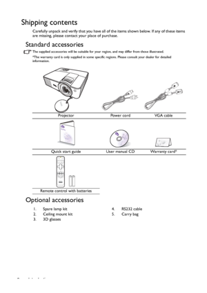 Page 8Introduction 8
Shipping contents
Carefully unpack and verify that you have all of the items shown below. If any of these items 
are missing, please contact your place of purchase.
Standard accessories
The supplied accessories will be suitable for your region, and may differ from those illustrated.
*The warranty card is only supplied in some specific regions. Please consult your dealer for detailed 
information.
Optional accessories
Projector Power cord VGA cable
Quick start guide User manual CD Warranty...