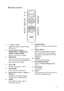 Page 11Introduction 11
Remote control
1. ON/OFF
Toggles the projector between standby 
mode and on.
2. Source selection buttons 
(COMPUTER 1, COMPUTER 2, 
VIDEO, S-VIDEO, HDMI
)
Selects an input source for display.
3. MENU/EXIT
Turns on the On-Screen Display (OSD) 
menu. Goes back to previous OSD menu, 
exits and saves menu settings.
4. Left/
Decreases the projector volume. 
5. ECO BLANK
Used to hide the screen picture.
6. Keystone/Arrow keys ( / Up,  /
Down)
Manually corrects distorted images 
resulting from...