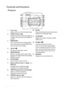 Page 10Introduction 10
Controls and functions
Projector
1. Focus ring
Adjusts the focus of the projected image.
2. LAMP indicator light
Indicates the status of the lamp. Lights up 
or flashes when the lamp has developed a 
problem.
3. MENU/EXIT
Turns on the On-Screen Display (OSD) 
menu. Goes back to previous OSD menu, 
exits and saves menu settings.
4. Left/
Decreases the projector volume. 
5. MODE/ENTER
Selects an available picture setup mode.
Activates the selected On-Screen Display 
(OSD) menu item.
6. ECO...