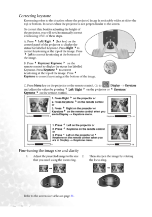 Page 26
Operation
22
Correcting keystone
Keystoning refers to the situation where the projected image is noticeably wider at either the 
top or bottom. It occurs when the projector is not perpendicular to the screen. 
To correct this, besides adjusting the height of 
the projector, you will need to manually correct 
it following ONE of these steps. 
A. Press  3 Left / Right  4  (hot key) on the 
control panel of the projector to display the 
status bar labelled Keystone. Press  Right 4 to 
correct keystoning at...