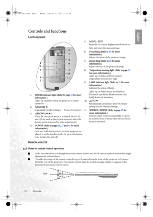 Page 1212 Overview  
EnglishControls and functions
Control panel
Remote control
Notes on remote control operation
QMake sure that there is nothing between the remote control and the IR sensor on the projector that might 
obstruct the infrared beam.
QThe effective range of the remote control is up to 8 meters from the front of the projector or 8 meters 
from the rear of the projector. The remote control must be held at an angle within 45 degrees of the 
projector’s IR remote control sensor.5. MENU / EXIT
Turns...