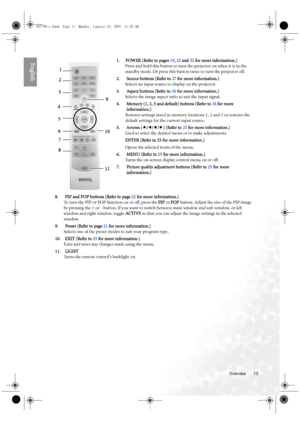 Page 13  13
  Overview
English1. POWER (Refer to pages 19, 23 and 32 for more information.)
Press and hold this button to turn the projector on when it is in the 
standby mode. Or press this button twice to turn the projector off.
2. Source buttons (Refer to 27 for more information.)
Selects an input source to display on the projector. 
3. Aspect buttons (Refer to 26 for more information.)
Selects the image aspect ratio to suit the input signal.
4. Memory (1, 2, 3 and default) buttons (Refer to 26 for more...