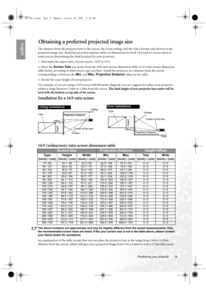 Page 15  15
  Positioning your projector
EnglishObtaining a preferred projected image size
The distance from the projector lens to the screen, the zoom setting, and the video format each factors in the 
projected image size. BenQ has provided separate tables of dimensions for both 16:9 and 4:3 screen ratios to 
assist you in determining the ideal location for your projector.
1. Determine the aspect ratio of your screen, (16:9 or 4:3)?
2. Select the Screen Size you desire from the 16:9 ratio screen dimension...