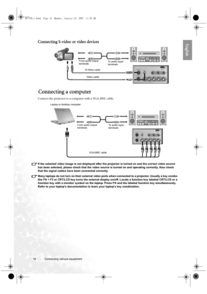 Page 1818 Connecting various equipment  
EnglishConnecting S-video or video devices
Connecting a computer
Connect the projector to a computer with a VGA-BNC cable. 
If the selected video image is not displayed after the projector is turned on and the correct video source 
has been selected, please check that the video source is turned on and operating correctly. Also check 
that the signal cables have been connected correctly.
Many laptops do not turn on their external video ports when connected to a projector....