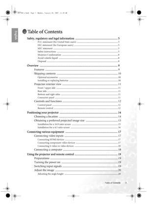 Page 3  3
  Table of Contents
EnglishTa b l e  o f  C o n t e n t s
Safety, regulatory and legal information ........................................................... 5
FCC statement (for United State users)  ..................................................................... 5
EEC statement (for European users)  .......................................................................... 5
MIC statement...