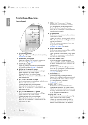 Page 1212 Overview  
EnglishControls and functions
Control panel  
7. ZOOM Out / Down-arrow (d)button 
Performs the same action as the Zoom and 
Left-arrow buttons on the remote control. 
Reduces the size of the projected image. 
When the on-screen menu is activated, moves 
the selection downwards. 
8. POWER button
Performs the same action as the Power button 
on the remote control.
Toggles the projector between standby and on. 
When the projector is in standby, press once to 
turn the projector on. 
When the...