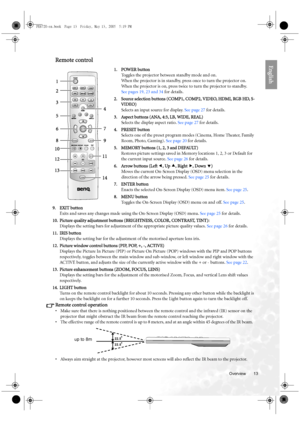 Page 13  13
  Overview
EnglishRemote control 
Remote control operation
• Make sure that there is nothing positioned between the remote control and the infrared (IR) sensor on the 
projector that might obstruct the IR beam from the remote control reaching the projector.
• The effective range of the remote control is up to 8 meters, and at an angle within 45 degrees of the IR beam.   
• Always aim straight at the projector, however most screens will also reflect the IR beam to the projector.  1. POWER button...