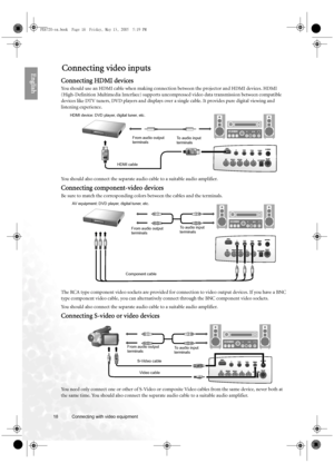 Page 18
18 Connecting with video equipment  
EnglishConnecting video inputs
Connecting HDMI devices
You should use an HDMI cable when making connect
ion between the projector and HDMI devices. HDMI 
(High-Definition Multimedia Interface) supports unco mpressed video data transmission between compatible 
devices like DTV tuners, DVD players and displays over a single cable. It provides pure digital viewing and 
listening experience.
You should also connect the separate audio cable to a suitable audio amplifier....