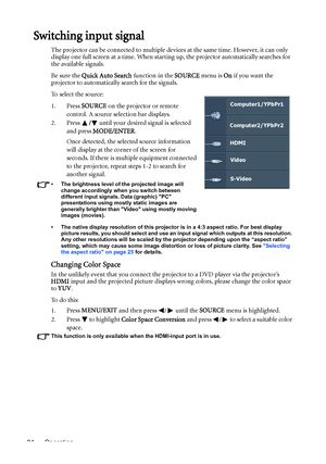 Page 24Operation 24
Switching input signal
The projector can be connected to multiple devices at the same time. However, it can only 
display one full screen at a time. When starting up, the projector automatically searches for 
the available signals.
Be sure the Quick Auto Search function in the SOURCE menu is On if you want the 
projector to automatically search for the signals.
To select the source:
1. Press SOURCE on the projector or remote 
control. A source selection bar displays. 
2. Press / until your...