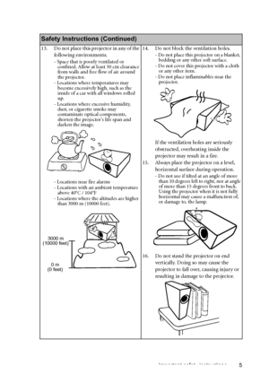 Page 5Important safety instructions 5
    
Safety Instructions (Continued)
13. Do not place this projector in any of the 
following environments.
- Space that is poorly ventilated or 
confined. Allow at least 50 cm clearance 
from walls and free flow of air around 
the projector. 
- Locations where temperatures may 
become excessively high, such as the 
inside of a car with all windows rolled 
up.
- Locations where excessive humidity, 
dust, or cigarette smoke may 
contaminate optical components, 
shorten the...