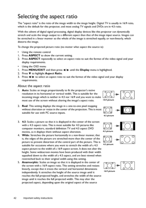 Page 4242 Important safety instructions  
Selecting the aspect ratio
The aspect ratio is the ratio of the image width to the image height. Digital TV is usually in 16:9 ratio, 
which is the default for this projector, and most analog TV signals and DVDs are in 4:3 ratio.
With the advent of digital signal processing, digital display devices like this projector can dynamically 
stretch and scale the image output to a different aspect than that of the image input source. Images can 
be stretched in a linear manner...