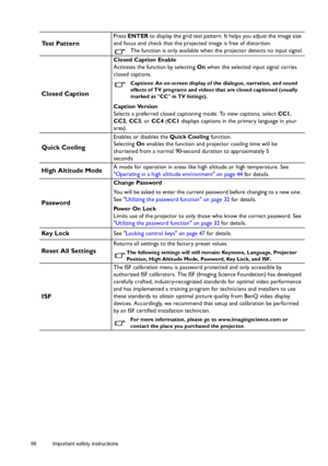 Page 5656 Important safety instructions  
Te s t  P a t t e r n
Press ENTER to display the grid test pattern. It helps you adjust the image size 
and focus and check that the projected image is free of distortion.
The function is only available when the projector detects no input signal.
Closed Caption
Closed Caption Enable
Activates the function by selecting On when the selected input signal carries 
closed captions.
Captions: An on-screen display of the dialogue, narration, and sound 
effects of TV programs...