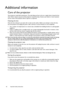 Page 5858 Important safety instructions  
Additional information
Care of the projector
Your projector needs little maintenance. The only thing you have to do on a regular basis is keep the lens 
clean. Never remove any parts of the projector except the lamp. Contact your dealer or local customer 
service center if the projector fails to operate as expected.
Cleaning the lens
Clean the lens whenever you notice dirt or dust on the surface. Before you attempt to clean the lens, 
turn the projector off, unplug the...