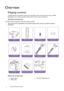 Page 88 Important safety instructions  
Overview
Shipping contents
Carefully unpack and verify that you have the items below. Some of the items may not be available 
depending on your region of purchase. Please check with your place of purchase.
Standard accessories
Some of the accessories may vary from region to region.
The warranty card is only supplied in some specific regions. Please consult your dealer for detailed 
information.
Optional accessories
ProjectorRemote controlBatteriesWarranty card
User...