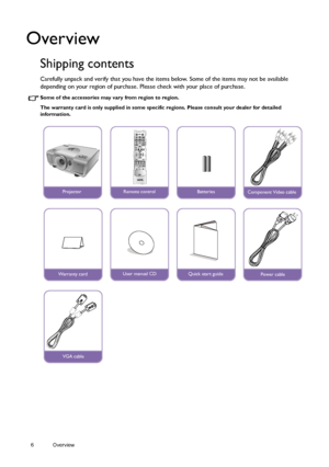 Page 66 Overview  
Overview
Shipping contents
Carefully unpack and verify that you have the items below. Some of the items may not be available 
depending on your region of purchase. Please check with your place of purchase.
Some of the accessories may vary from region to region.
The warranty card is only supplied in some specific regions. Please consult your dealer for detailed 
information.
ProjectorRemote controlBatteriesComponent Video cable
Warranty card
 
User manual CD
 
Quick start guidePower cable
VGA...