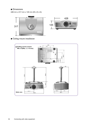 Page 5252 Connecting with video equipment  
 Dimensions
428 mm x 317 mm x 145 mm (W x D x H)
 Ceiling mount installation
428
317145
128 88
151.2 173106
211.7
424.4
364.4 124.5397.9
83.2
104 175240
324.1
92.2
222.2282.2
Ceiling mount screws:
M6 x 8 (Max.  L = 8 mm)
Unit: mm
Downloaded From projector-manual.com BenQ Manuals 