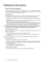 Page 4444 Connecting with video equipment  
Additional information
Care of the projector
Your projector needs little maintenance. The only thing you have to do on a regular basis is keep the lens 
clean. Never remove any parts of the projector except the lamp. Contact your dealer or local customer 
service center if the projector fails to operate as expected.
Cleaning the lens
Clean the lens whenever you notice dirt or dust on the surface. Before you attempt to clean the lens, 
turn the projector off, unplug...