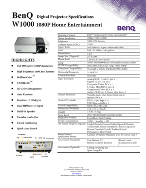 Page 1BenQ     Digital Projector Specifications 
BenQ America Corp. 
15375 Barranca Parkway, Suite A205  Irvine, CA 92618 
www.benq.us     
Specifications subject to change without notice 
W1000 1080P Home Entertainment  
 
              
 
                                                                         
 
 
Projection System DLPTM technology by Texas Instruments® 
Native Resolution 1080p (1920 x 1080) 
Brightness 1800 ANSI lumens     
Contrast Ratio (FOFO) 2700:1 
Aspect Ratio 16:9 Native (4 Aspect...