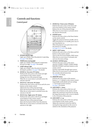 Page 1212 Overview  
EnglishControls and functions
Control panel  
7. ZOOM Out / Down-arrow (d)button 
Performs the same action as the Zoom and 
Left-arrow buttons on the remote control. 
Reduces the size of the projected image. 
When the on-screen menu is activated, moves 
the selection downwards. 
8. POWER button
Performs the same action as the Power button 
on the remote control.
Toggles the projector between standby and on. 
When the projector is in standby, press once to 
turn the projector on. 
When the...